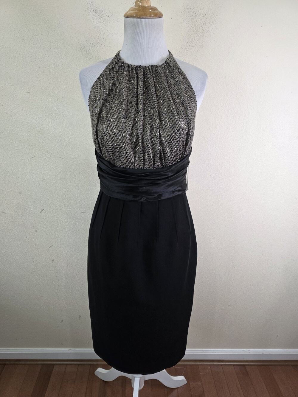 Carmen Marc Valvo Cocktail Dress Black Bronze Silk Satin Sleeveless Size 6